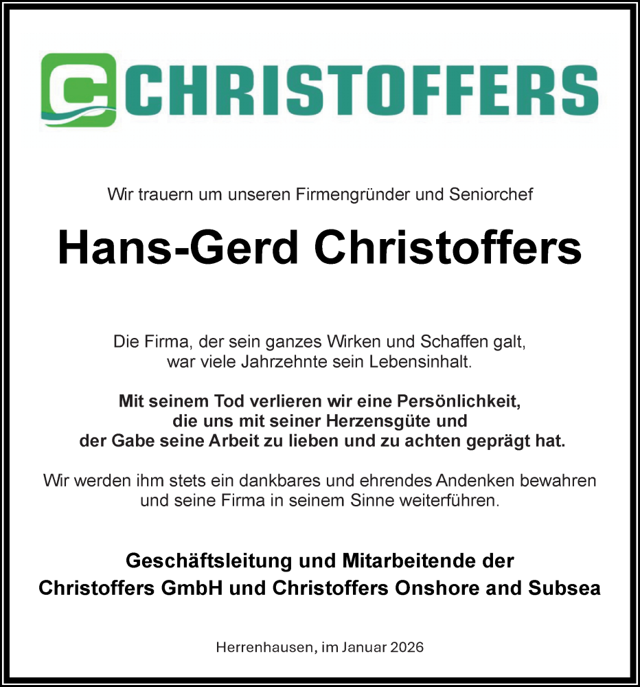  Traueranzeige für Hans-Gerd Christoffers vom 24.01.2026 aus Nordwest-Zeitung