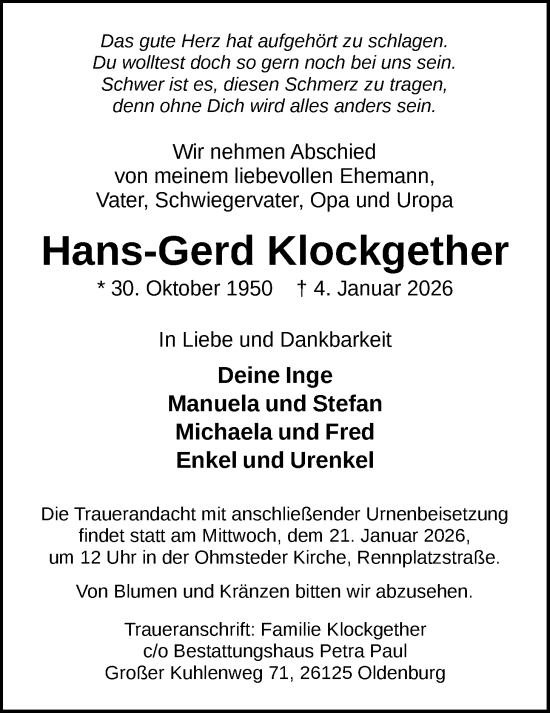 Traueranzeige von Hans-Gerd Klockgether von Nordwest-Zeitung