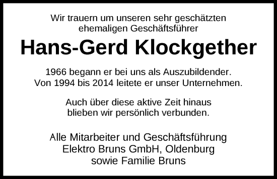 Traueranzeige von Hans-Gerd Klockgether von Nordwest-Zeitung