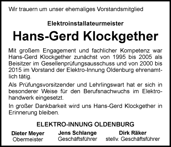 Traueranzeige von Hans-Gerd Klockgether von Nordwest-Zeitung