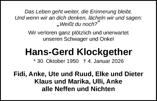 Traueranzeige von Hans-Gerd Klockgether von Nordwest-Zeitung