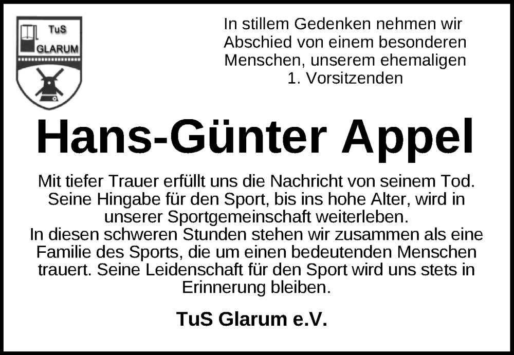  Traueranzeige für Hans-Günter Appel vom 24.01.2026 aus WZ/JW/AH