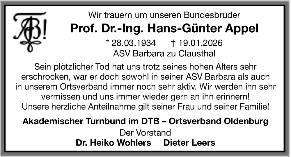  Traueranzeige für Hans-Günter Appel vom 31.01.2026 aus Nordwest-Zeitung