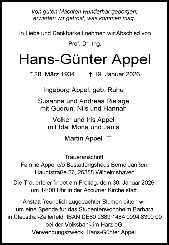 Traueranzeige von Hans-Günter Appel von WZ/JW/AH
