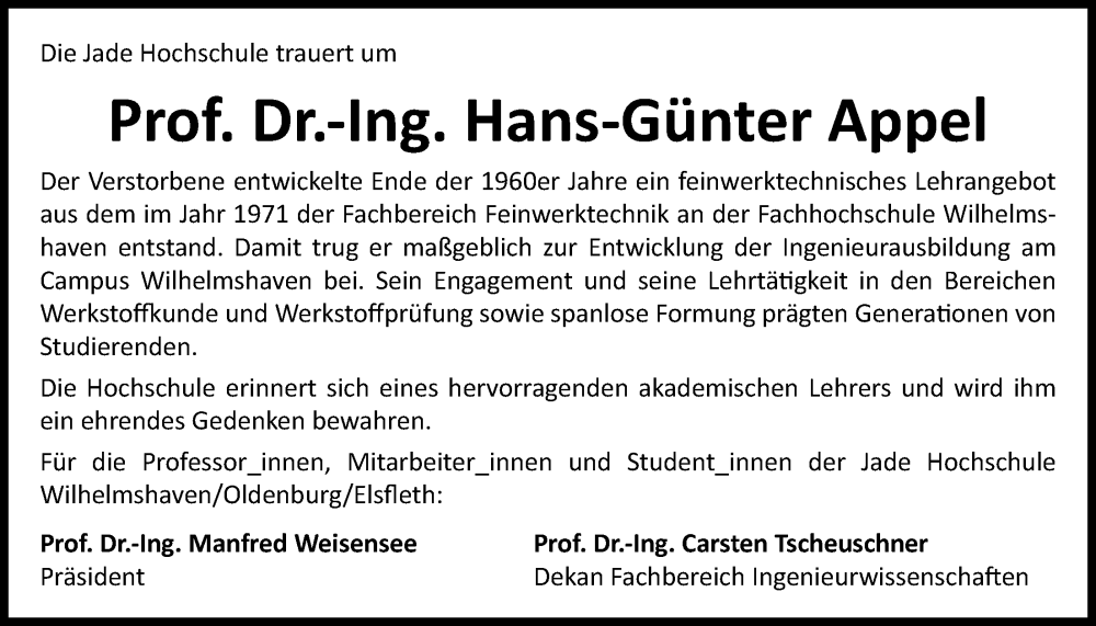  Traueranzeige für Hans-Günter Appel vom 31.01.2026 aus WZ/JW/AH