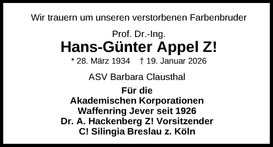 Traueranzeige von Hans-Günter Appel von WZ/JW/AH