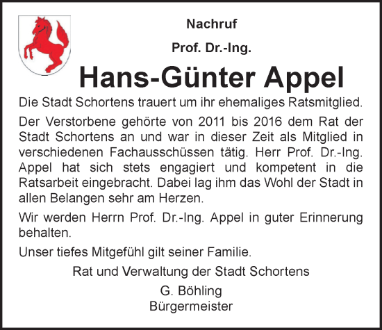 Traueranzeige von Hans-Günter Appel von WZ/JW/AH