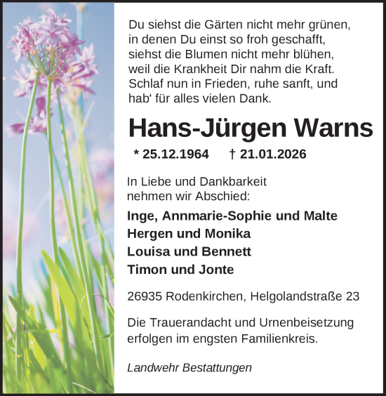 Traueranzeige von Hans-Jürgen Warns von Nordwest-Zeitung