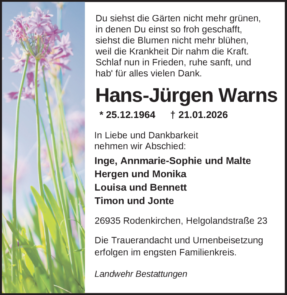  Traueranzeige für Hans-Jürgen Warns vom 24.01.2026 aus Nordwest-Zeitung