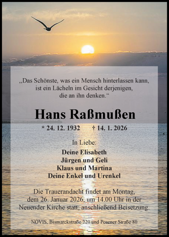 Traueranzeige von Hans Raßmußen von WZ/JW/AH
