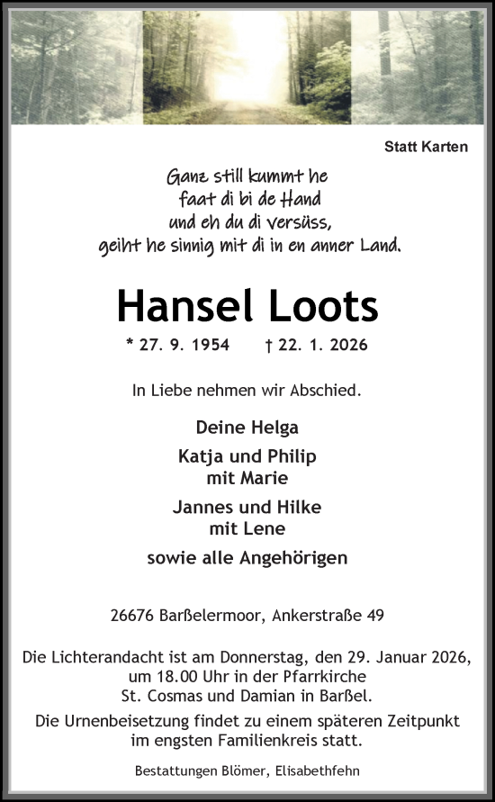 Traueranzeige von Hansel Loots von Nordwest-Zeitung