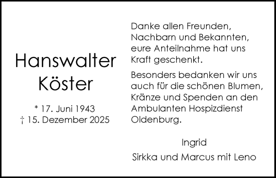 Traueranzeige von Hanswalter Köster von Nordwest-Zeitung