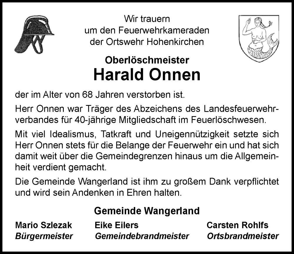  Traueranzeige für Harald Onnen vom 24.01.2026 aus WZ/JW/AH