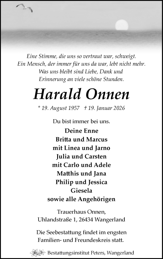 Traueranzeige von Harald Onnen von WZ/JW/AH