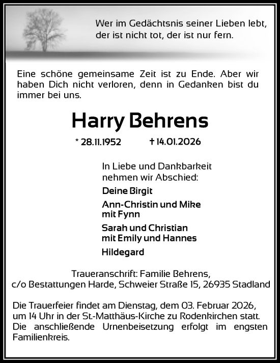 Traueranzeige von Harry Behrens von Nordwest-Zeitung
