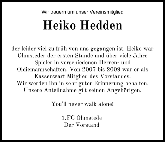 Traueranzeige von Heiko Hedden von Nordwest-Zeitung