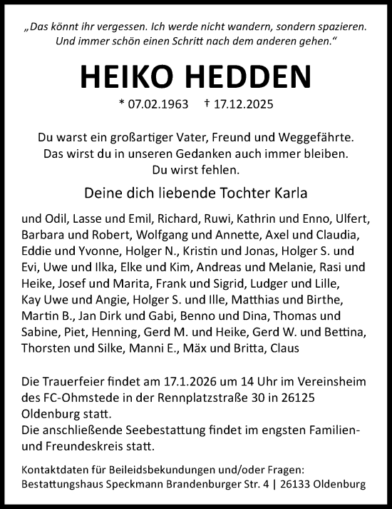 Traueranzeige von Heiko Hedden von Nordwest-Zeitung