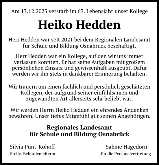 Traueranzeige von Heiko Hedden von Nordwest-Zeitung