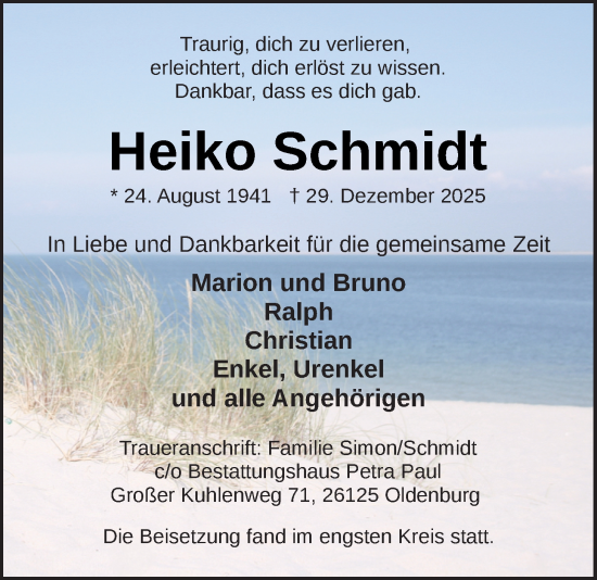 Traueranzeige von Heiko Schmidt von Nordwest-Zeitung