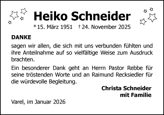 Traueranzeige von Heiko Schneider von Nordwest-Zeitung