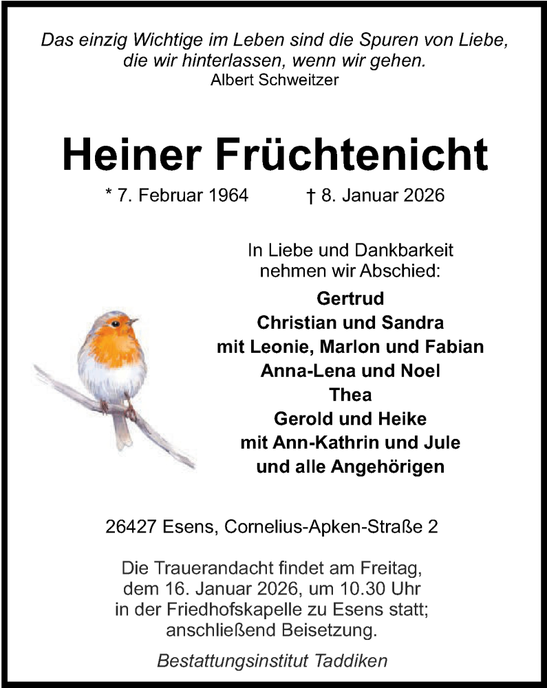  Traueranzeige für Heiner Früchtenicht vom 14.01.2026 aus WZ/JW/AH