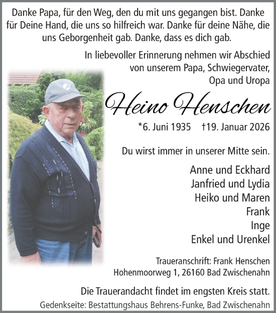 Traueranzeige von Heino Henschen von Nordwest-Zeitung