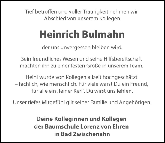 Traueranzeige von Heinrich Bulmahn von Nordwest-Zeitung
