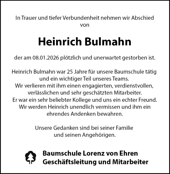 Traueranzeige von Heinrich Bulmahn von Nordwest-Zeitung