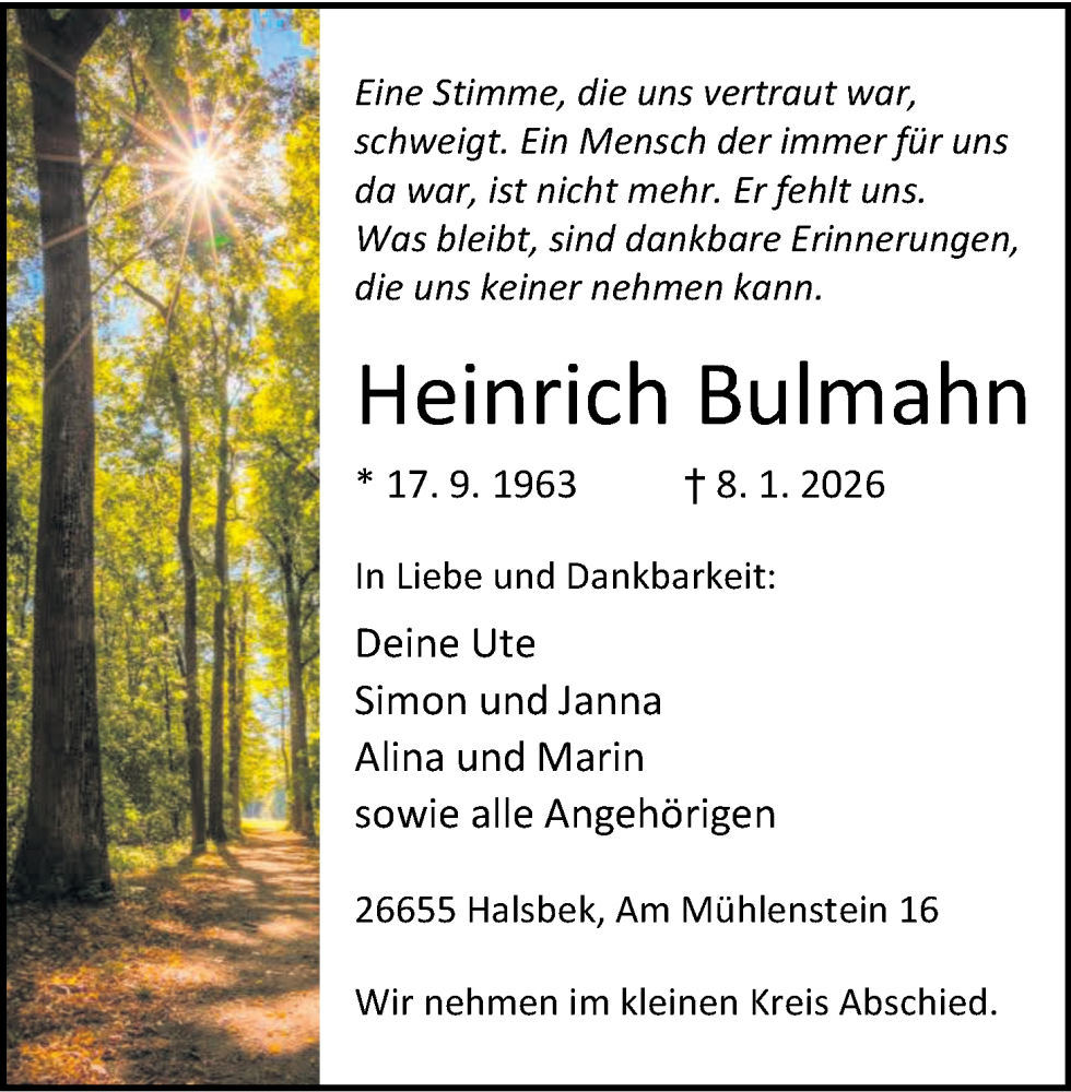 Traueranzeige für Heinrich Bulmahn vom 13.01.2026 aus Nordwest-Zeitung