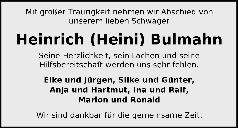  Traueranzeige für Heinrich Bulmahn vom 13.01.2026 aus Nordwest-Zeitung