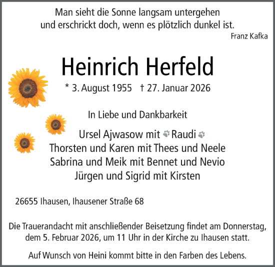 Traueranzeige von Heinrich Herfeld von Nordwest-Zeitung