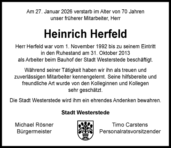 Traueranzeige von Heinrich Herfeld von Nordwest-Zeitung