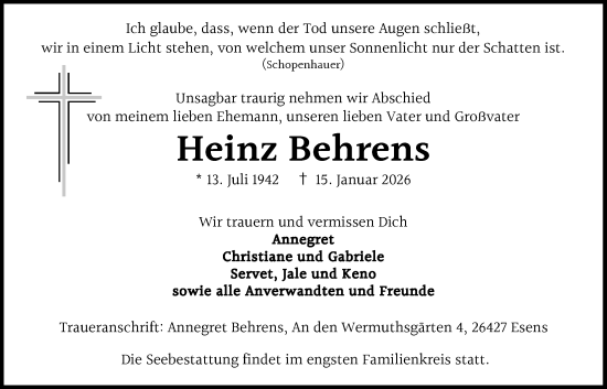Traueranzeige von Heinz Behrens von WZ/JW/AH