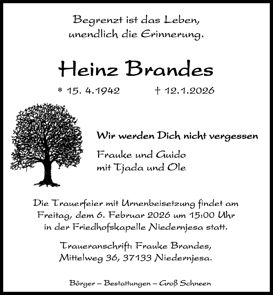  Traueranzeige für Heinz Brandes vom 17.01.2026 aus Nordwest-Zeitung
