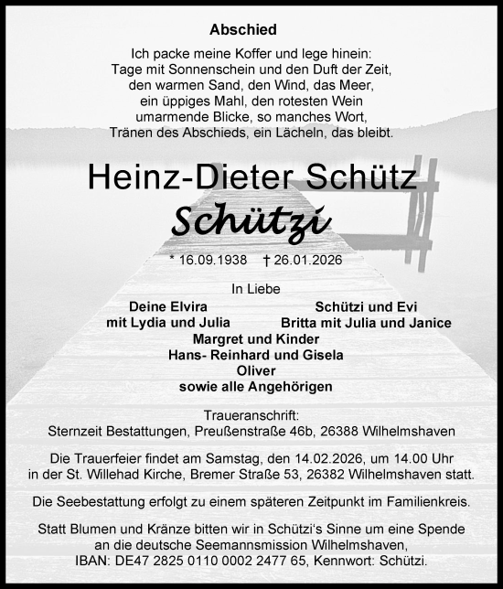 Traueranzeige von Heinz-Dieter Schütz von WZ/JW/AH
