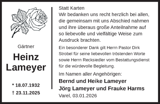 Traueranzeige von Heinz Lameyer von Nordwest-Zeitung