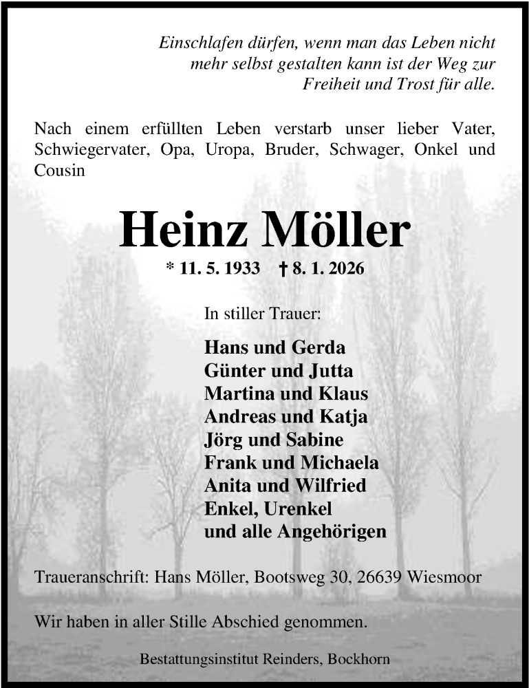  Traueranzeige für Heinz Möller vom 31.01.2026 aus Nordwest-Zeitung