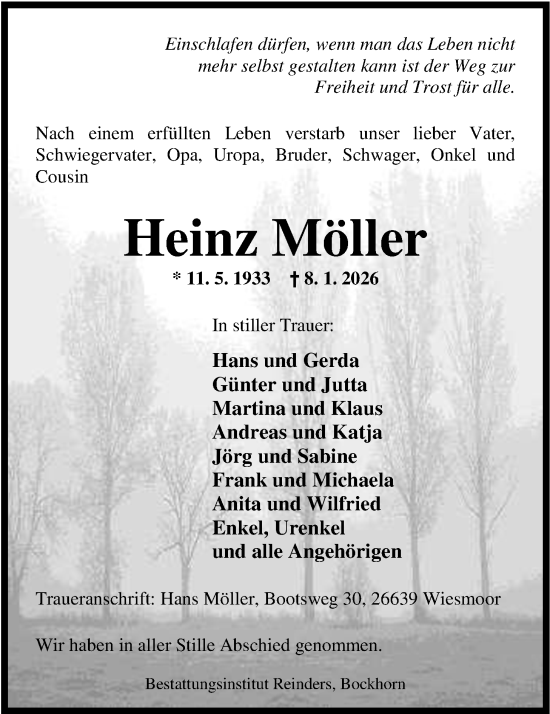 Traueranzeige von Heinz Möller von Nordwest-Zeitung