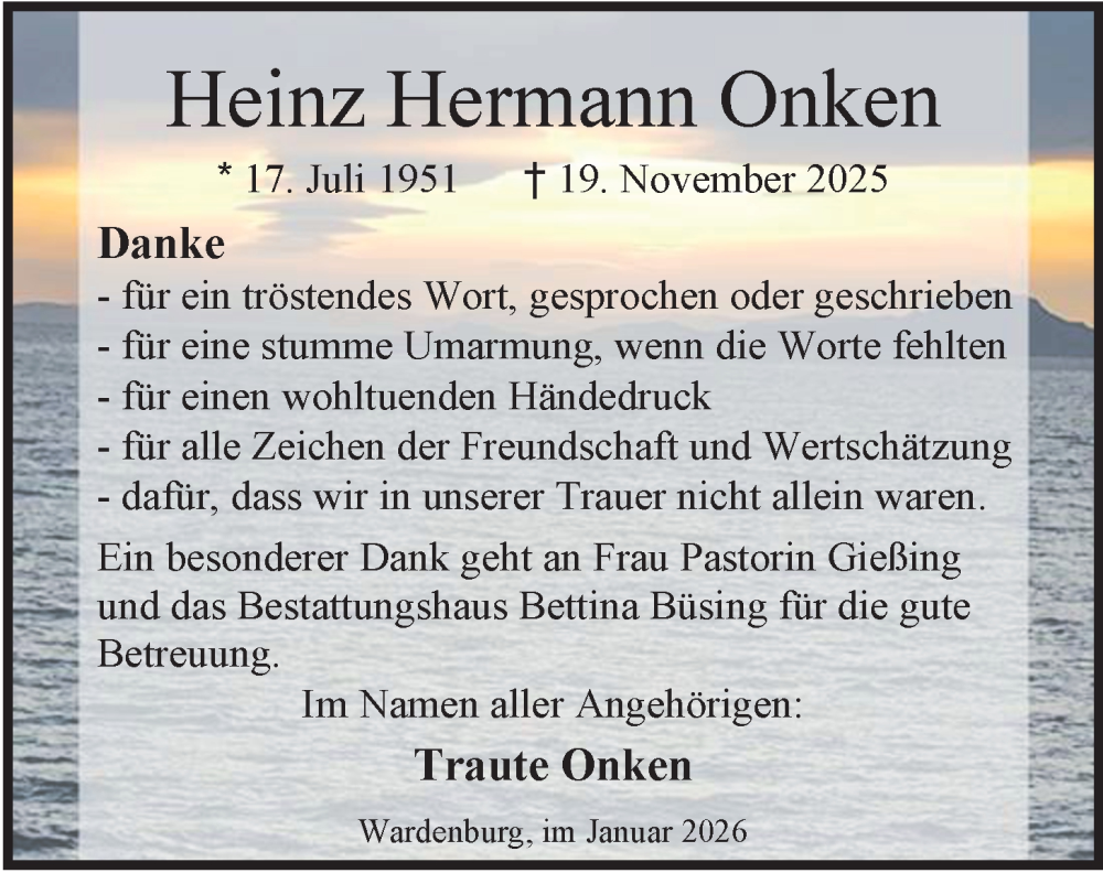  Traueranzeige für Heinz Hermann Onken vom 10.01.2026 aus Nordwest-Zeitung