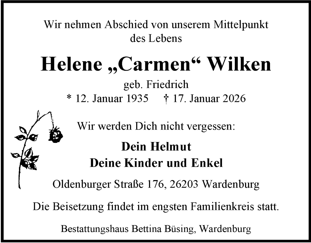  Traueranzeige für Helene Wilken vom 24.01.2026 aus Nordwest-Zeitung