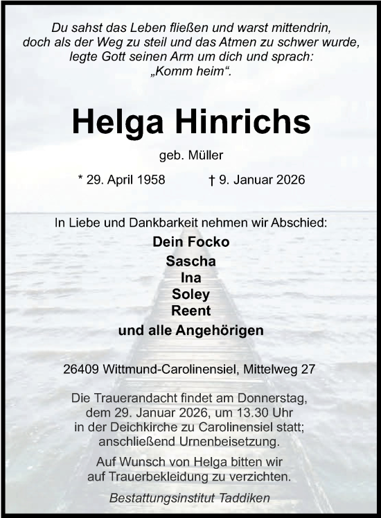 Traueranzeige von Helga Hinrichs von WZ/JW/AH