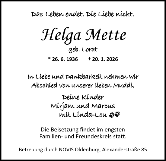 Traueranzeige von Helga Mette von Nordwest-Zeitung
