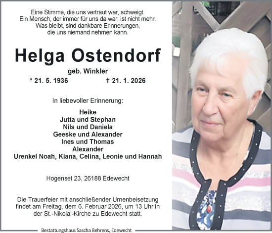 Traueranzeige von Helga Ostendorf von Nordwest-Zeitung