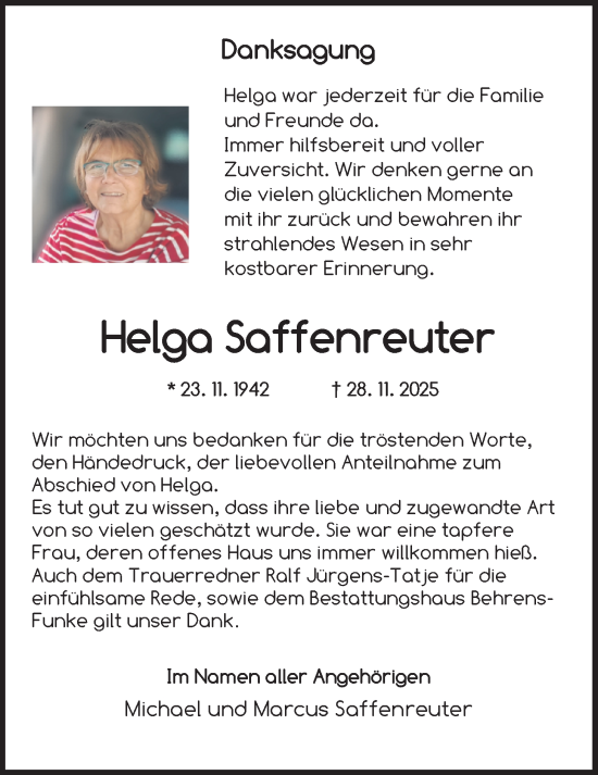 Traueranzeige von Helga Saffenreuter von Nordwest-Zeitung