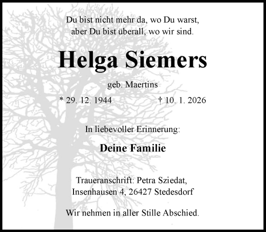 Traueranzeige von Helga Siemers von WZ/JW/AH