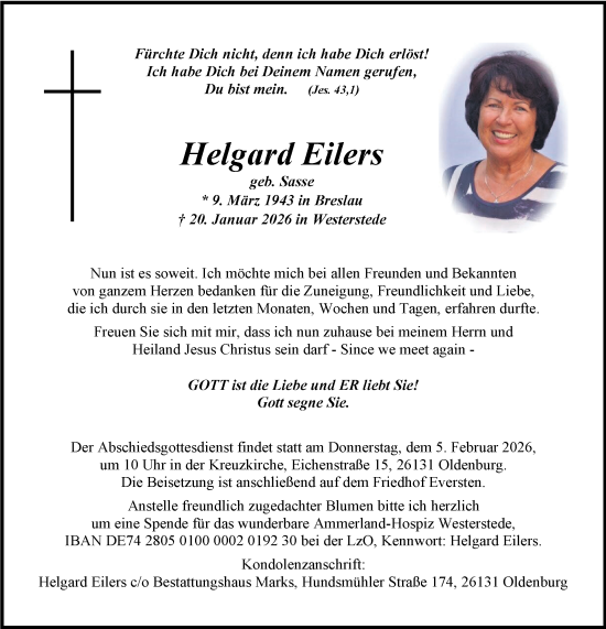Traueranzeige von Helgard Eilers von Nordwest-Zeitung