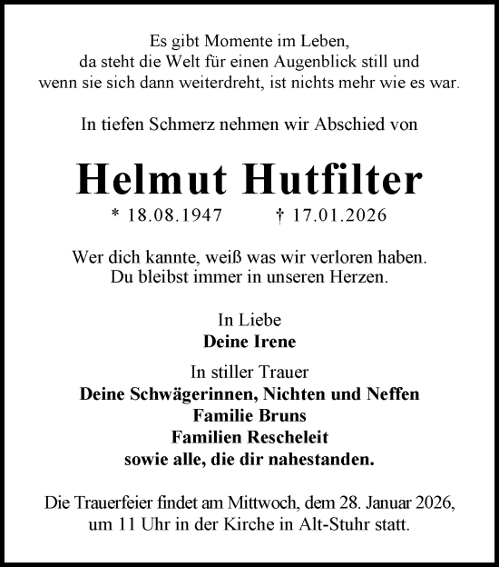 Traueranzeige von Helmut Hutfilter von Nordwest-Zeitung