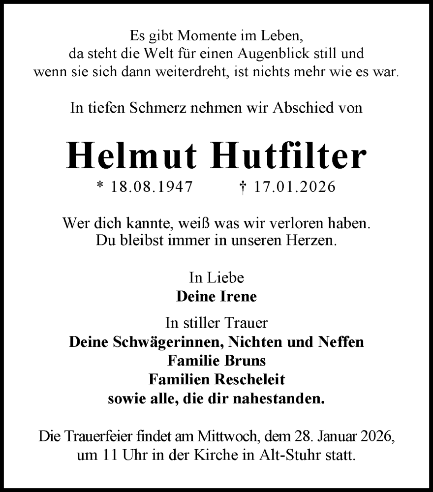  Traueranzeige für Helmut Hutfilter vom 24.01.2026 aus Nordwest-Zeitung