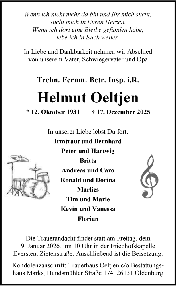  Traueranzeige für Helmut Oeltjen vom 03.01.2026 aus Nordwest-Zeitung