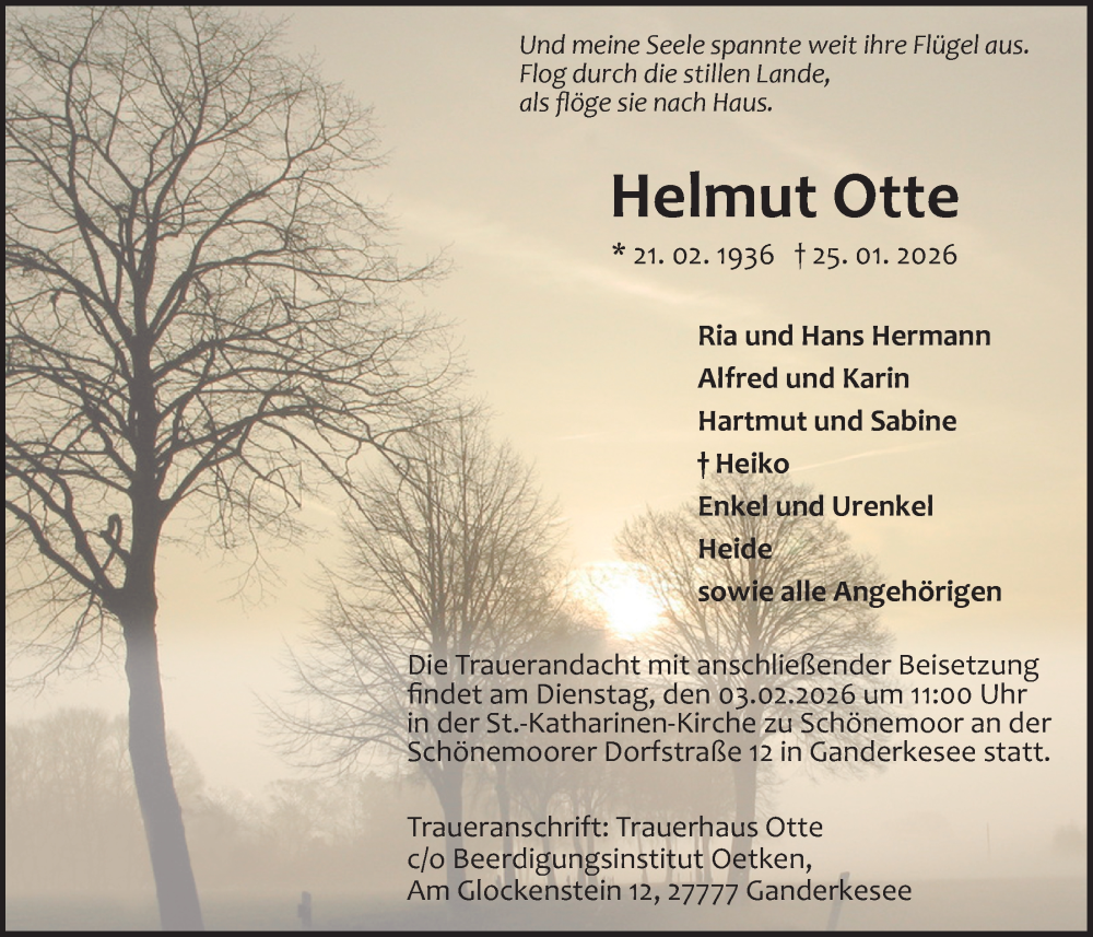  Traueranzeige für Helmut Otte vom 31.01.2026 aus Nordwest-Zeitung